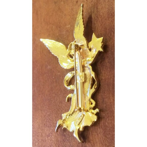 Vintage JJ Jonette Goldtone Angel Holding Star w/ Moonstone Brooch 3.25"x2" - Picture 2 of 2